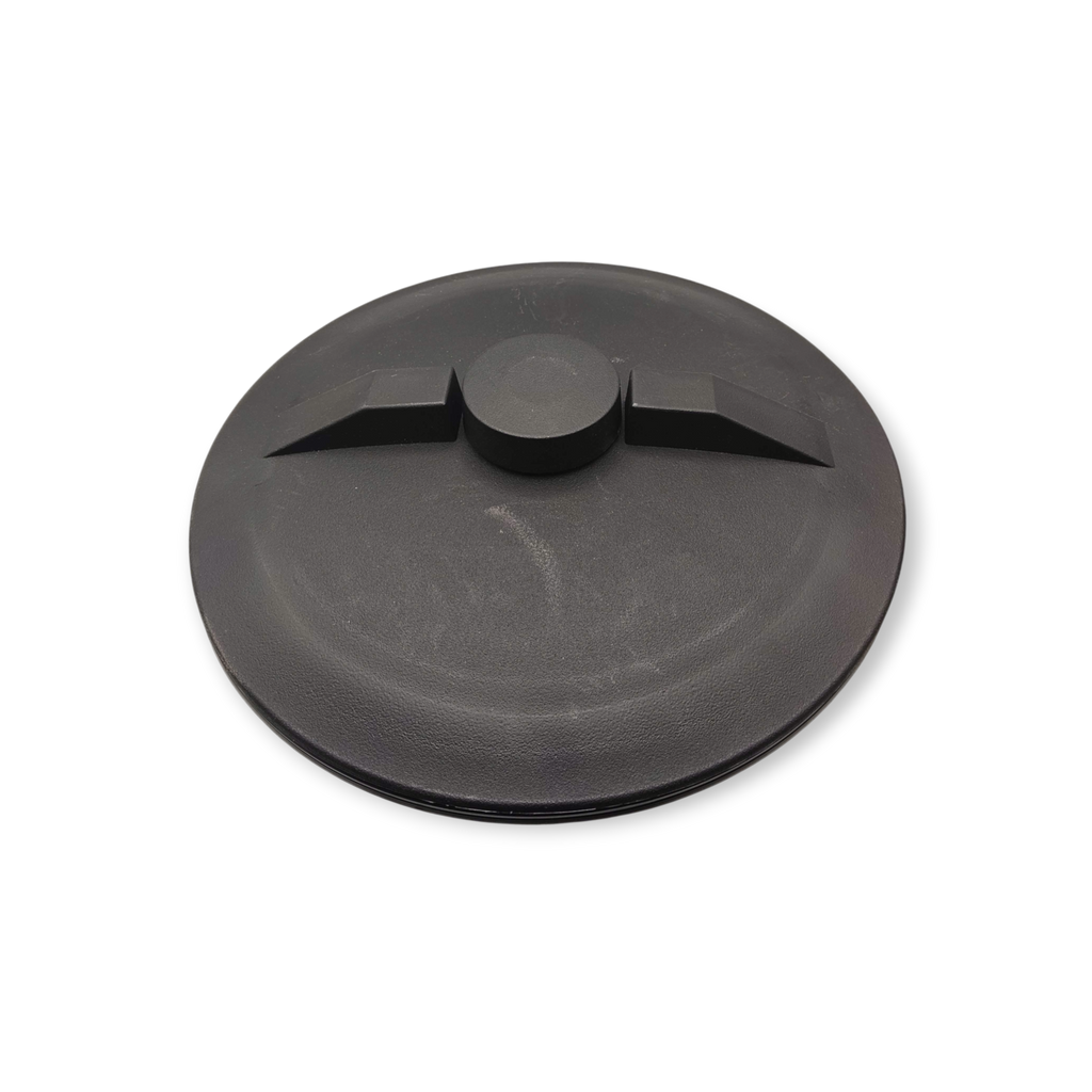 Sewershop black molded plastic water tank lid with a center fill port for Mongoose jetter systems