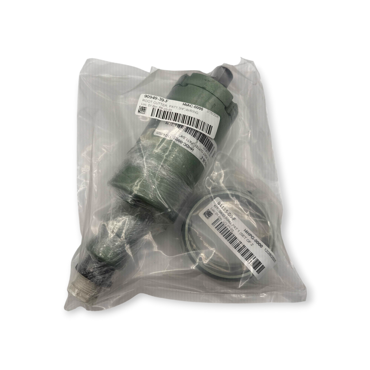 Sewershop Patriot 1 root grease cutter tool with metal components in a clear plastic bag for sewer maintenance.