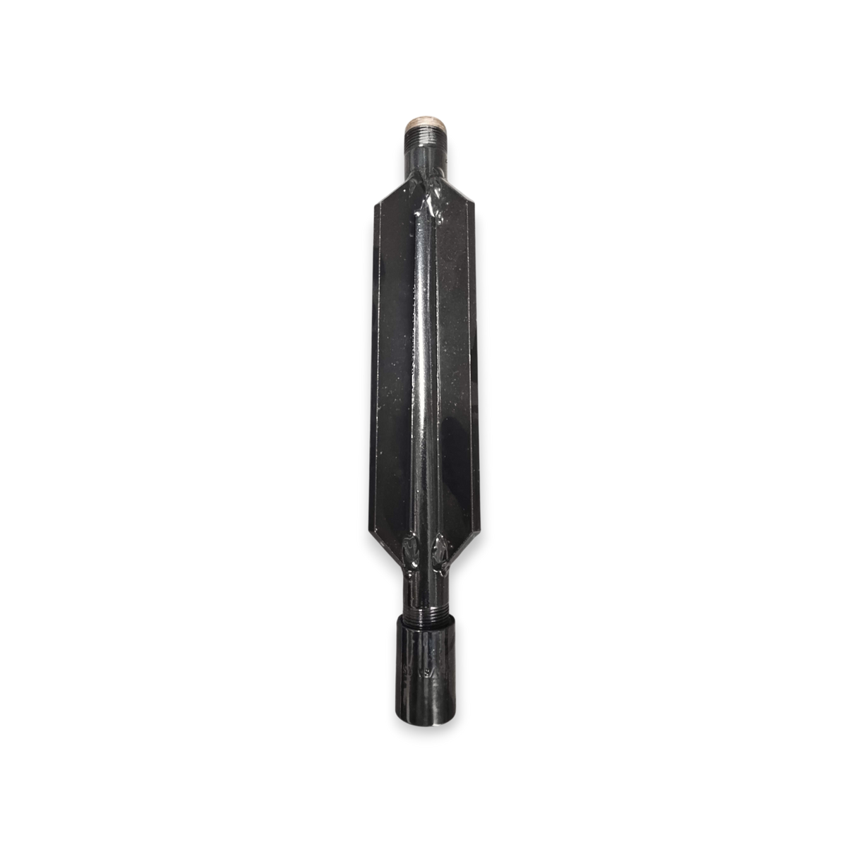 Sewershop black metal fin style sewer jetter nozzle extension for centering and protecting sewer cleaning equipment.
