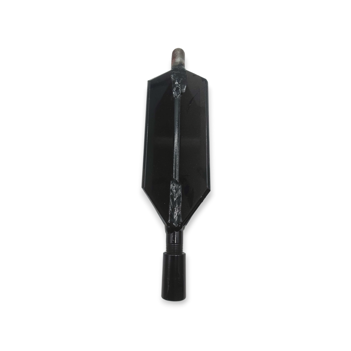 Sewershop black metal fin style sewer jetter nozzle extension for centering and stabilizing sewer cleaning equipment.