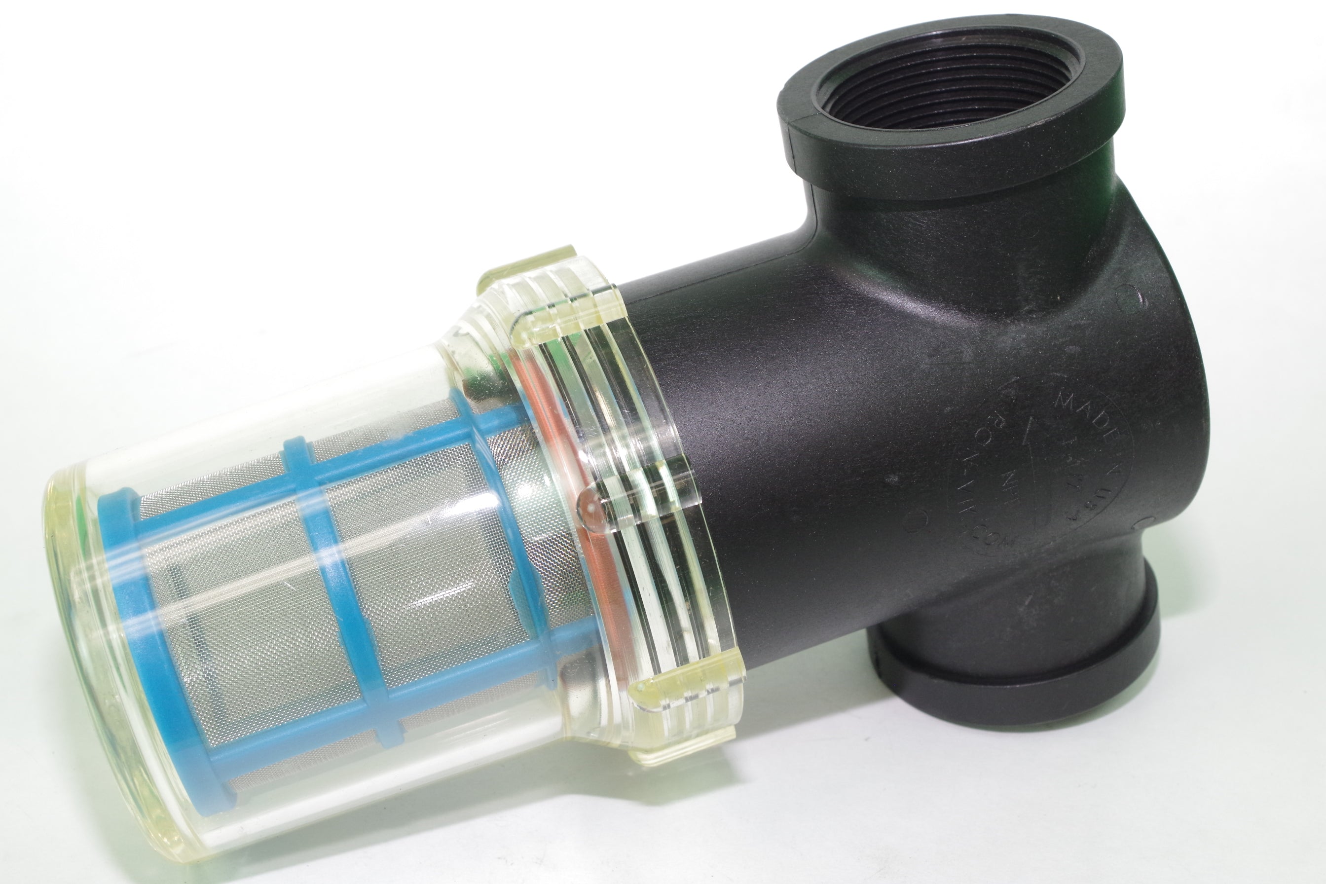 Black plastic plumbing fitting with clear and blue components on a white background