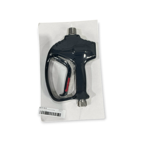 Sewershop Dead Man Trigger Gun for hydro excavation with ergonomic black handle and high-flow metal fittings.