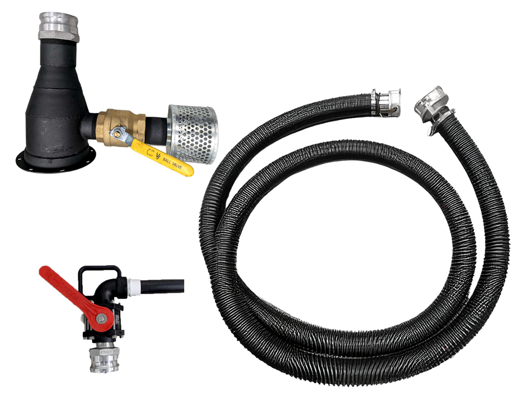A set of black firefighting or industrial hose and connector components on a plain white background, including a coiled corrugated black hose, a black angled nozzle assembly with a brass fitting and yellow handle, and a small red-handled valve or hydrant component.
