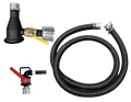 A set of black firefighting or industrial hose and connector components on a plain white background, including a coiled corrugated black hose, a black angled nozzle assembly with a brass fitting and yellow handle, and a small red-handled valve or hydrant component.