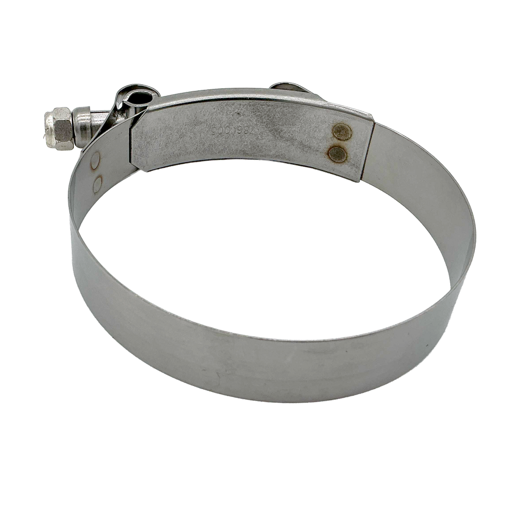 A stainless steel hose clamp with a hexagonal adjustment nut on one side and two securing screws on the other, shown on a plain white background.