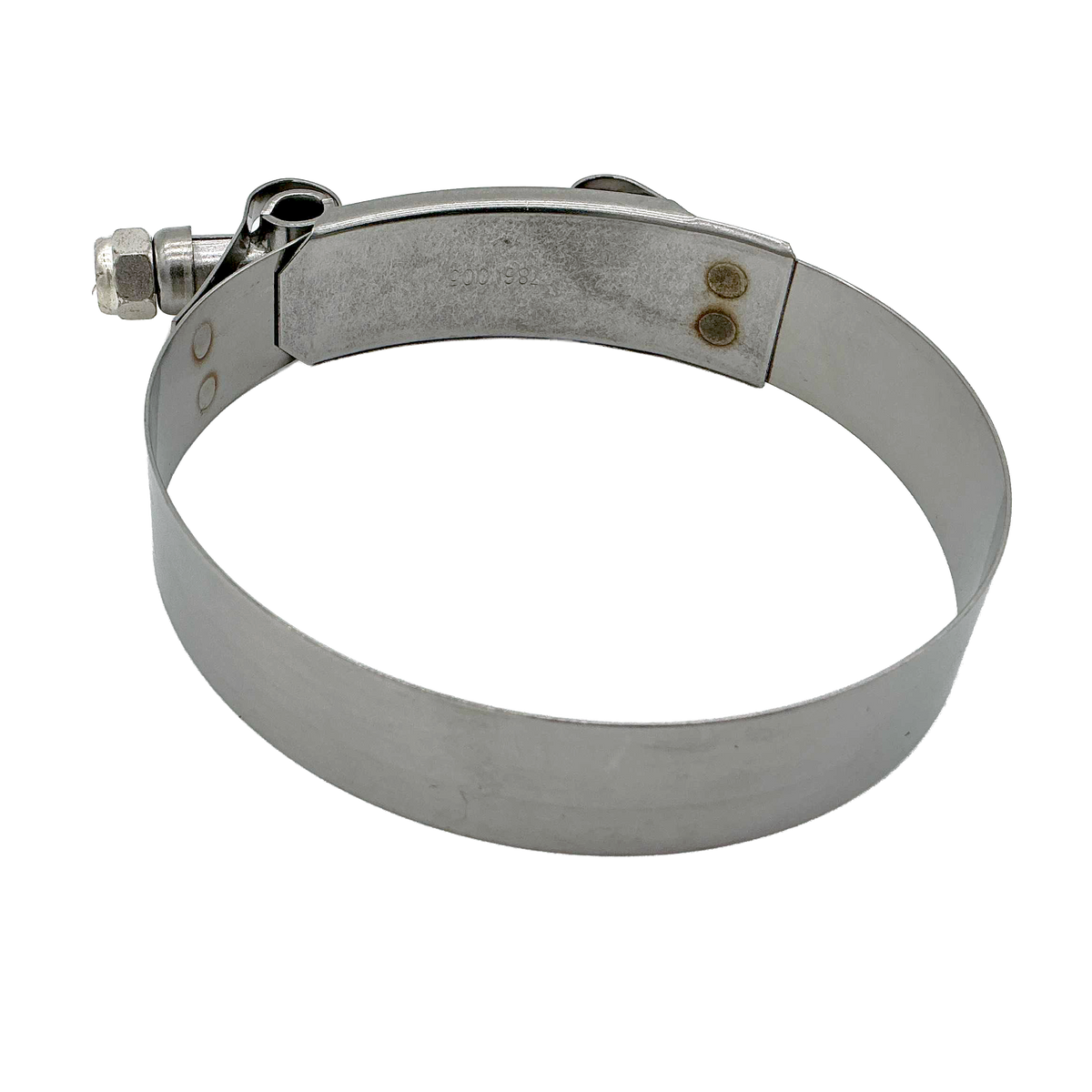 A stainless steel hose clamp with a hexagonal adjustment nut on one side and two securing screws on the other, shown on a plain white background.