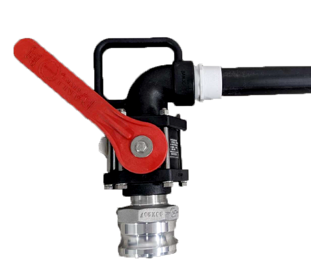 A black sprinkler valve with a prominent red lever handle and a silver metal connector at the bottom, shown against a plain white background.