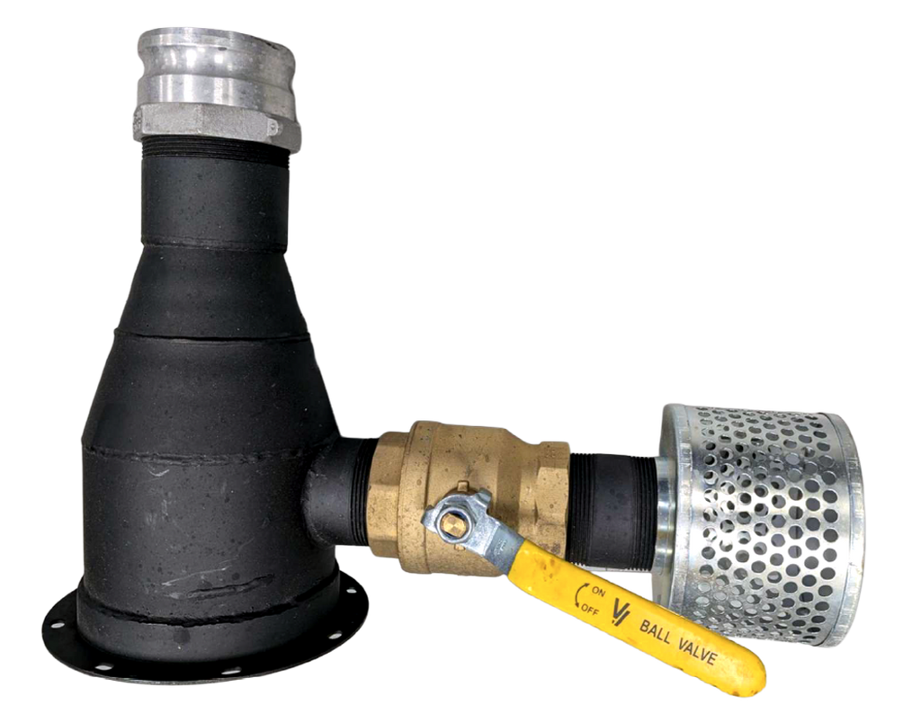 Industrial metal and rubber pipe fitting with a black bellows-style sleeve, silver flanged connector, brass ball valve, and perforated silver filter, isolated on a white background.