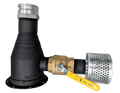 Industrial metal and rubber pipe fitting with a black bellows-style sleeve, silver flanged connector, brass ball valve, and perforated silver filter, isolated on a white background.
