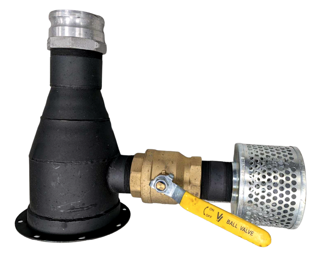 Industrial metal and rubber pipe fitting with a black bellows-style sleeve, silver flanged connector, brass ball valve, and perforated silver filter, isolated on a white background.