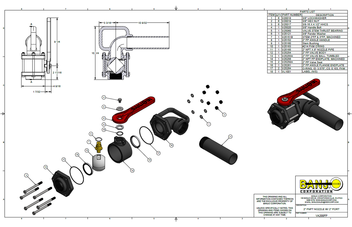 Technical assembly sheet for a BAHJ 2-Port Hoses Module, showing exploded views of the hose assembly with parts laid out, a 3D rendered assembled view on the right, dimension drawings, and a parts list table.