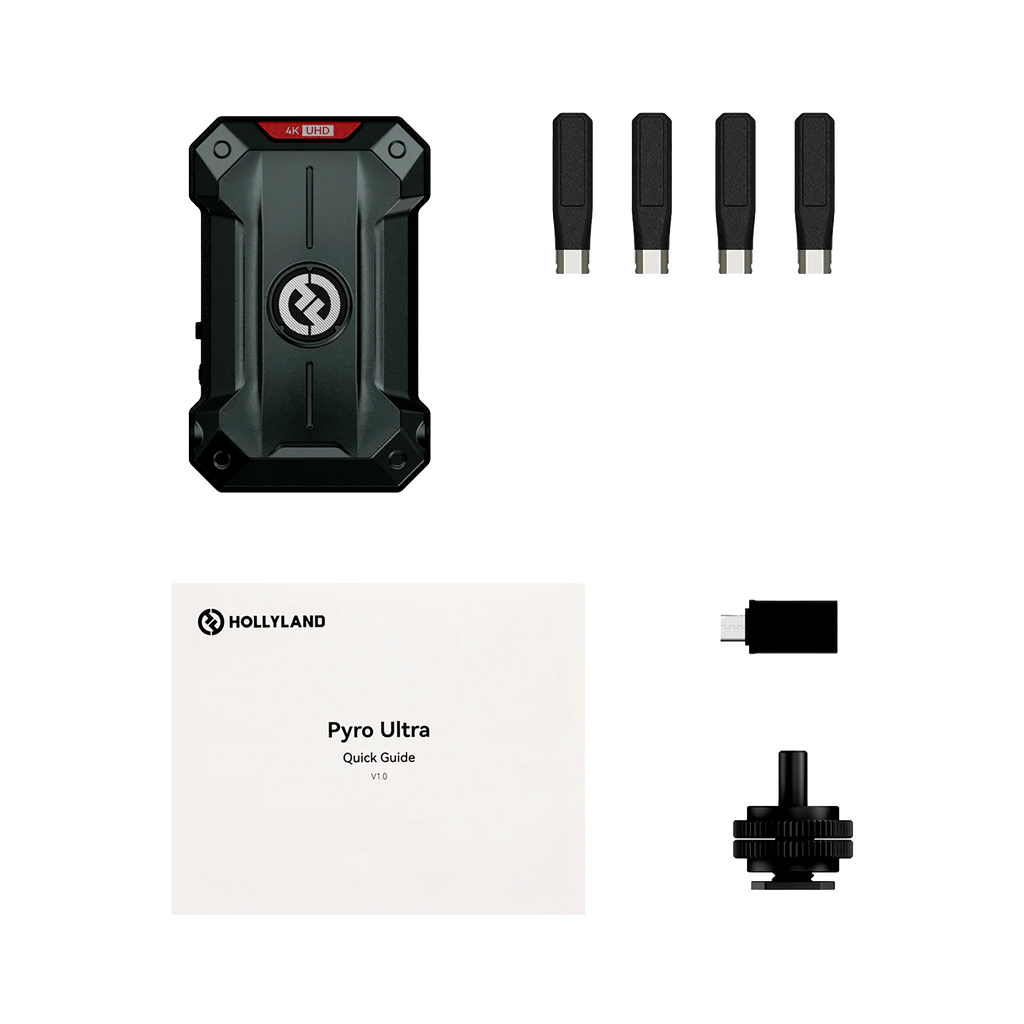 Hollyland Pyro Ultra Transmitter included in package items laid out