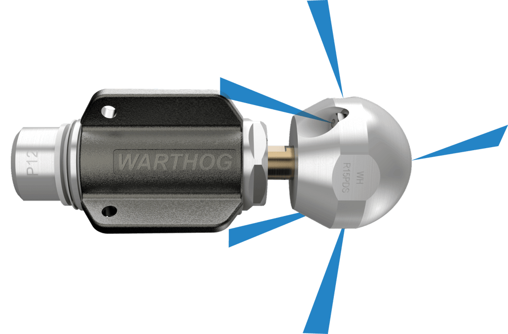 Metallic nozzle with 'Warthog' branding on a transparent background