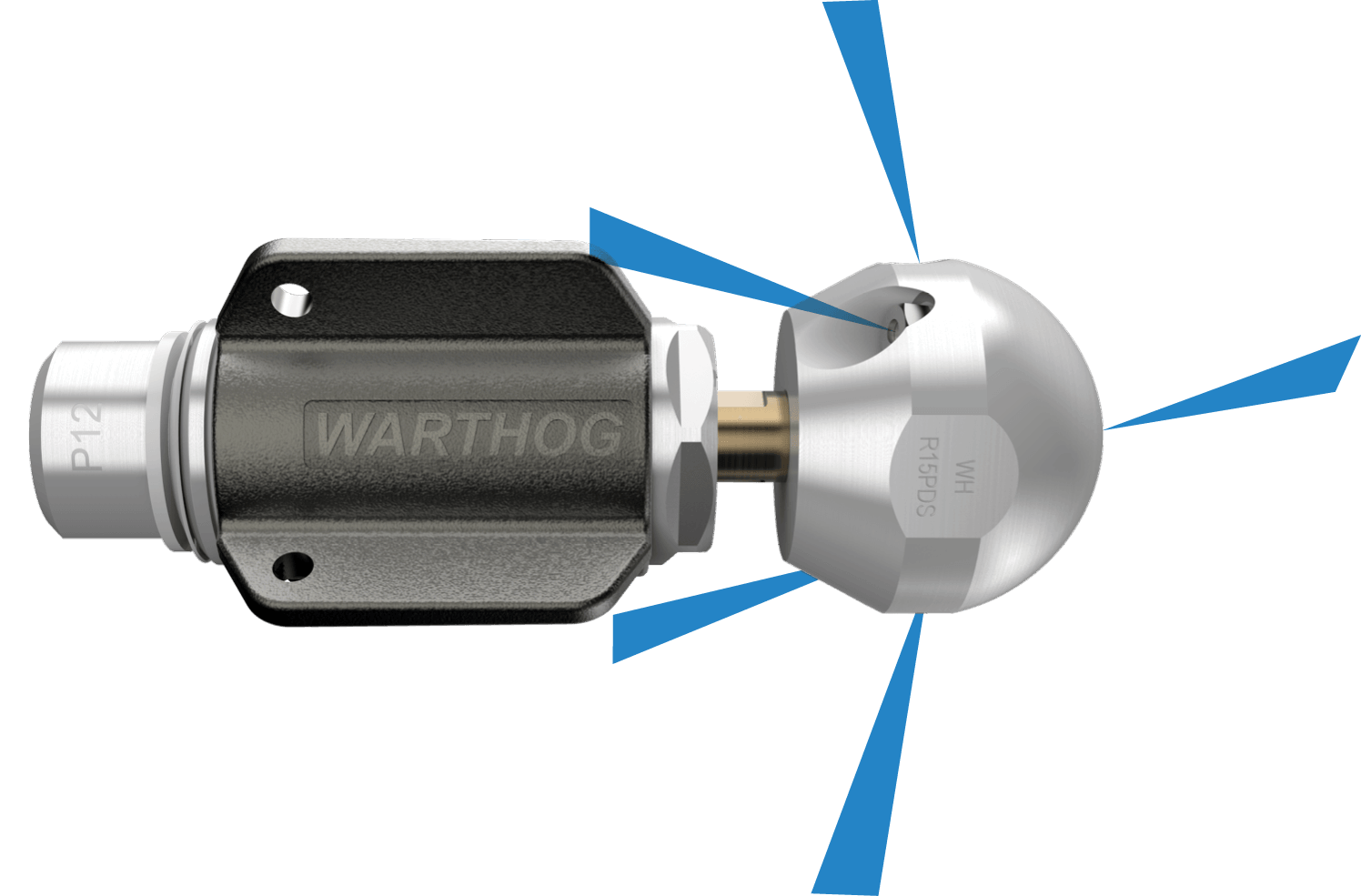 Metallic nozzle with 'Warthog' branding on a transparent background