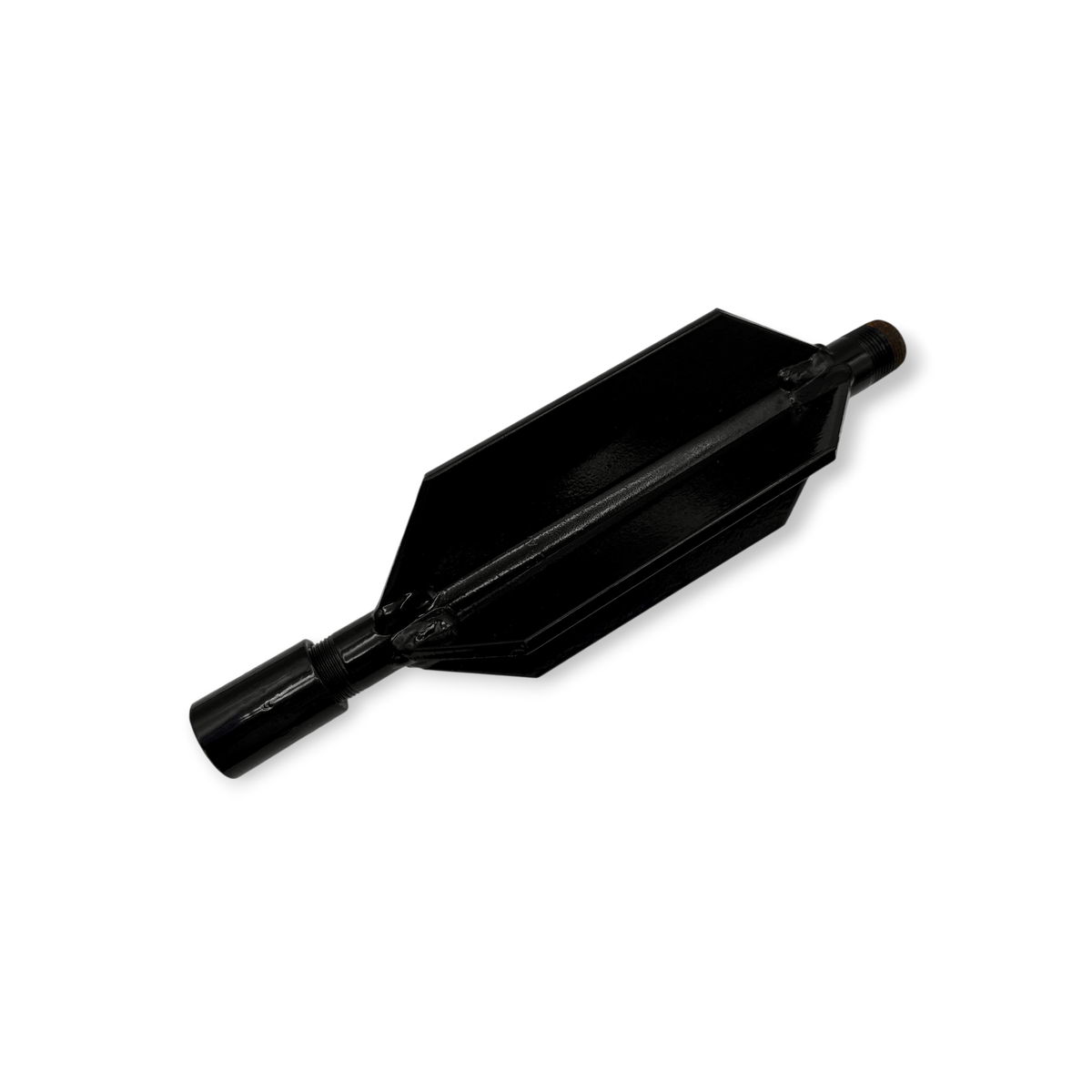 Sewershop black metal fin style sewer jetter nozzle extension for centering and stabilizing sewer cleaning tools.