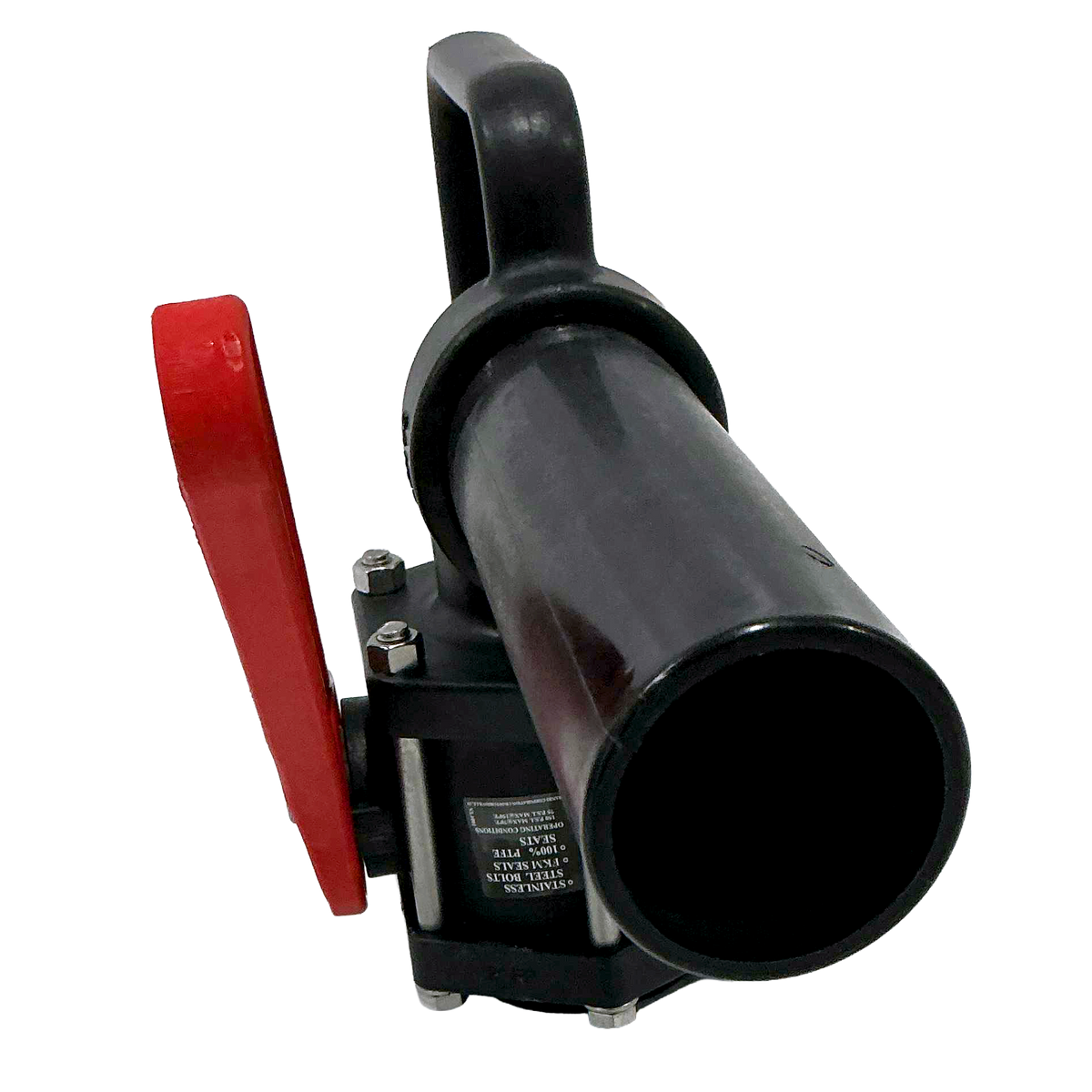 A black plastic nozzle assembly with a red lever handle, shown on a plain white background.