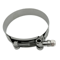 A stainless steel hose clamp with a hex bolt and nut, shown on a plain white background.