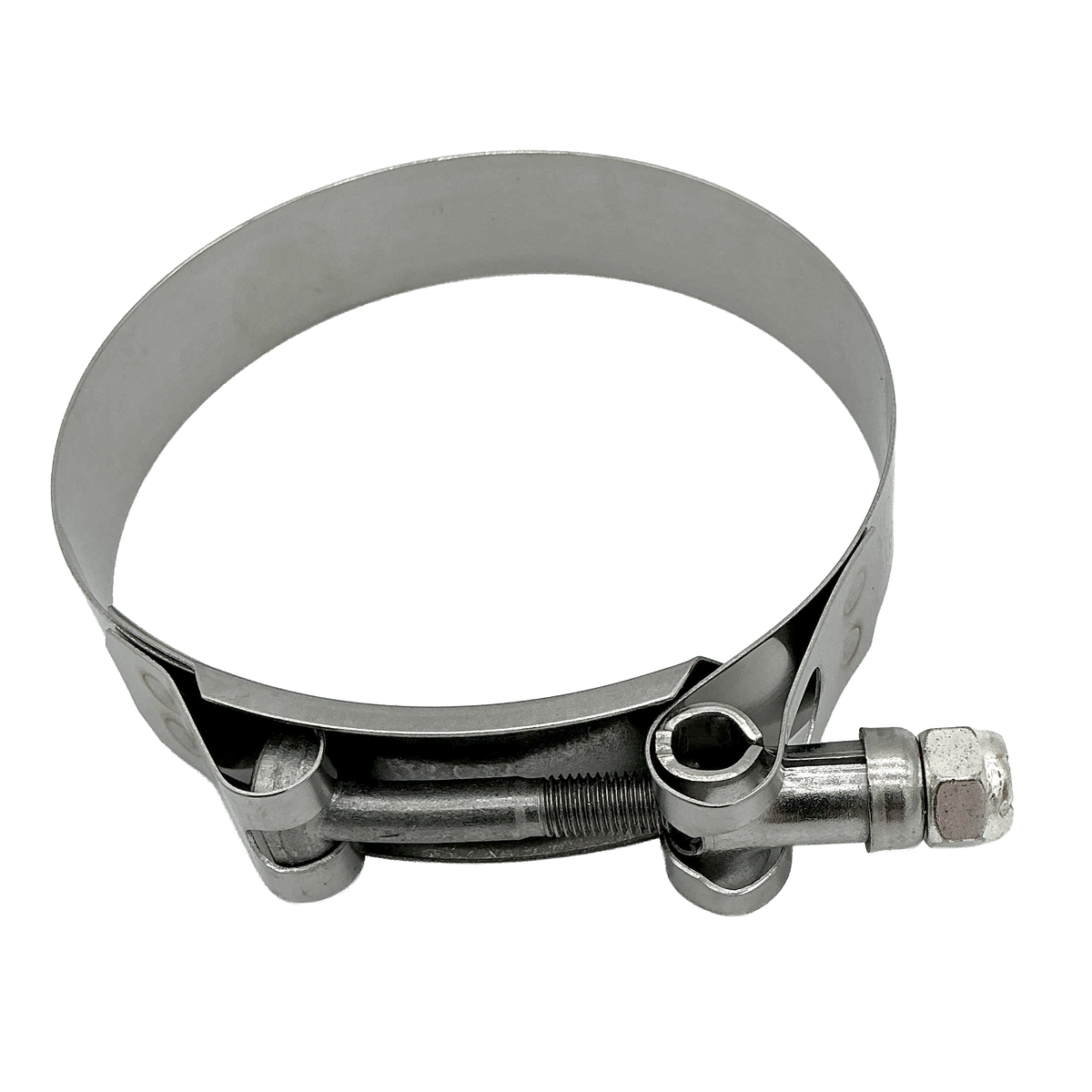 A stainless steel hose clamp with a hex bolt and nut, shown on a plain white background.