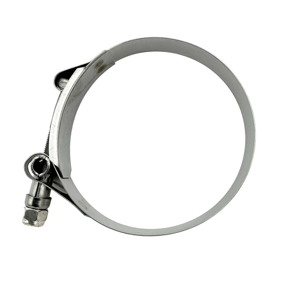 A stainless steel hose clamp with a hex nut and wing nut closure, isolated on a white background.