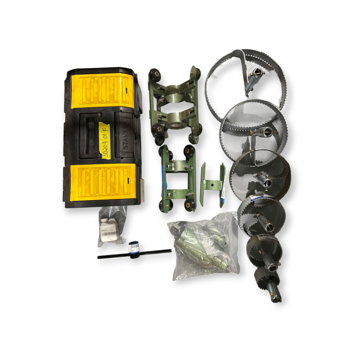 Sewershop Patriot 1 Root Grease Cutter kit with metal saw blades, adjustable green skids, and a black Stanley tool box.