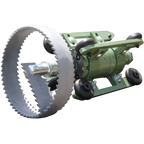 Sewershop Patriot 1 root grease cutter with a sharp metal saw blade and adjustable green rollers for pipe cleaning.