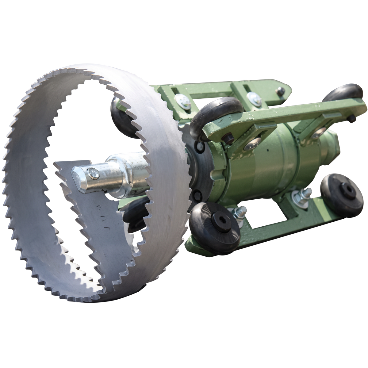 Sewershop Patriot 1 root grease cutter with a sharp metal saw blade and adjustable green rollers for pipe cleaning.