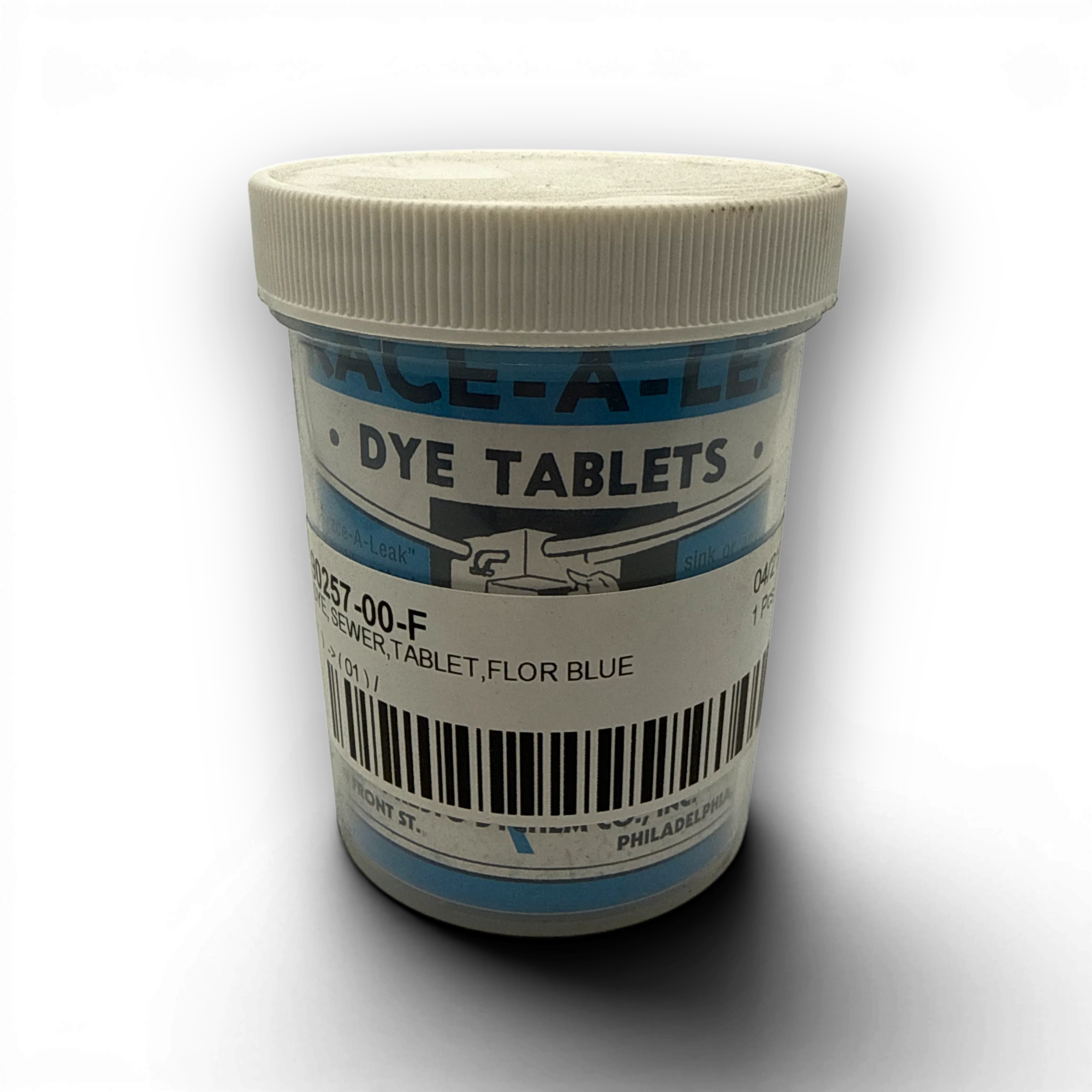 Range Supply fluorescent blue sewer dye tablets in a plastic container for leak detection and flow tracing.