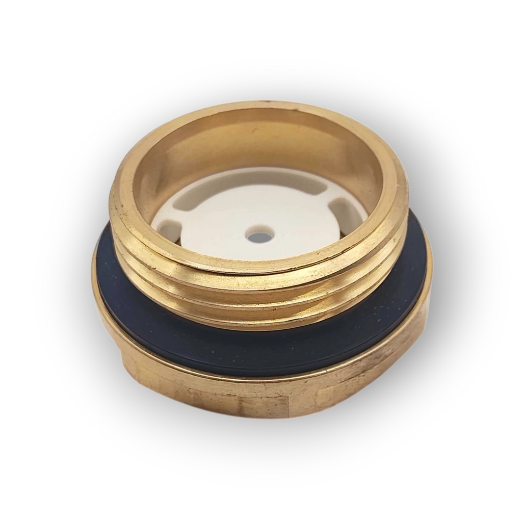 Range Supply GP5142 brass drain plug with white internal component and black rubber gasket for power end assembly