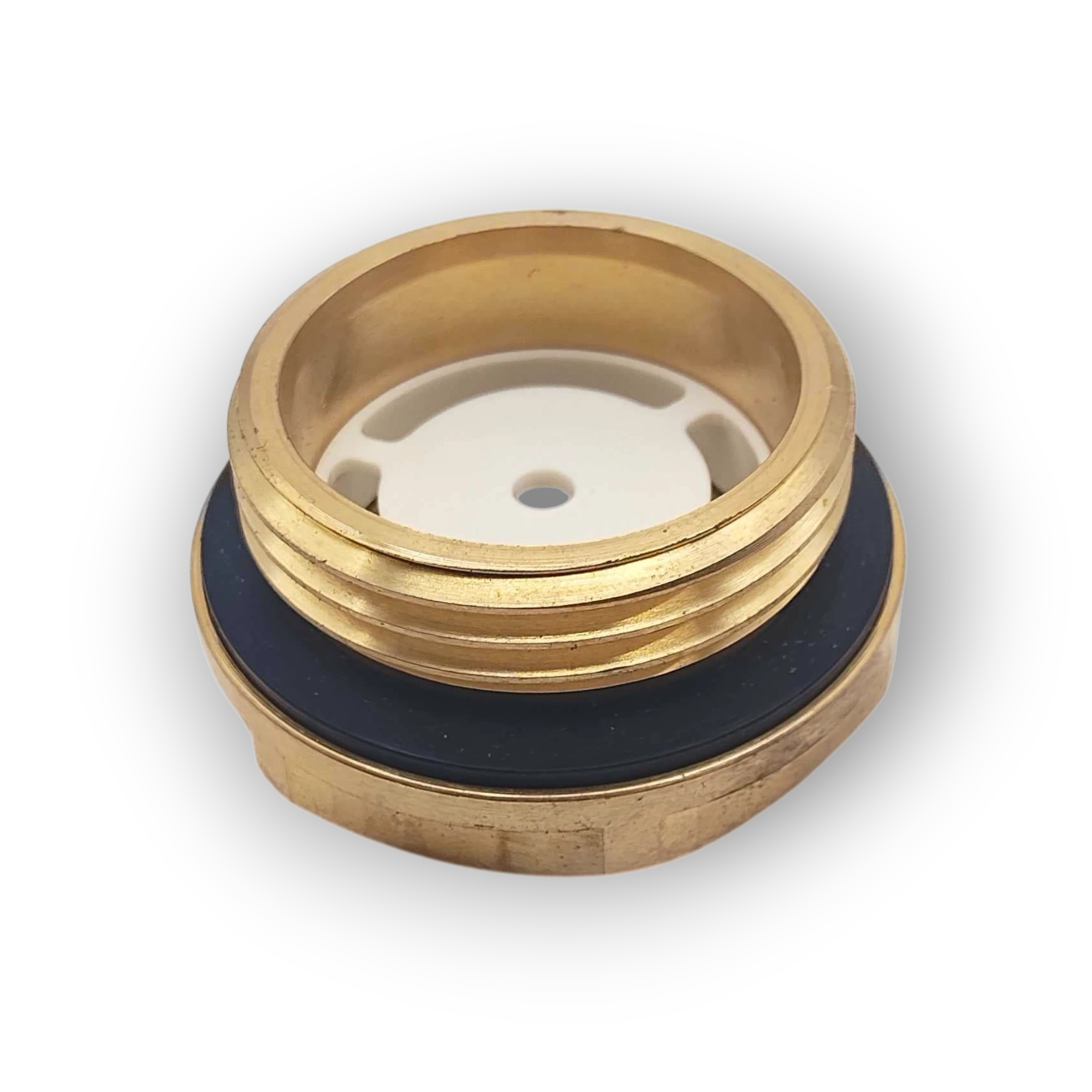 Range Supply GP5142 brass drain plug with white internal component and black rubber gasket for power end assembly