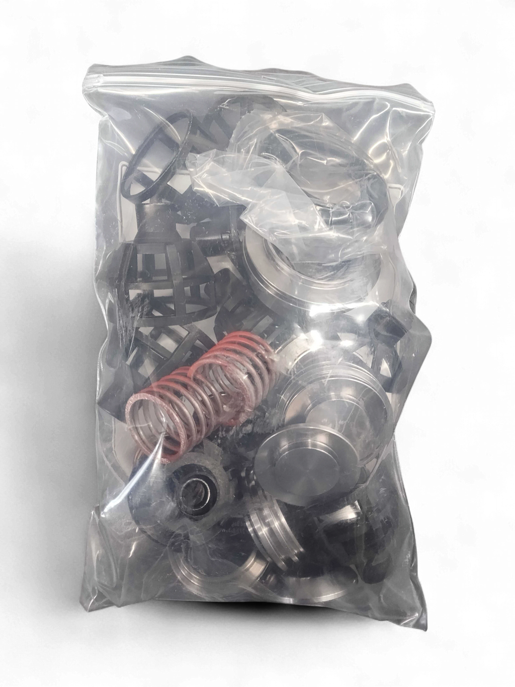 Range Supply GP5142 giant pump rebuild kit components including metal valves, springs, and seals in a plastic bag.