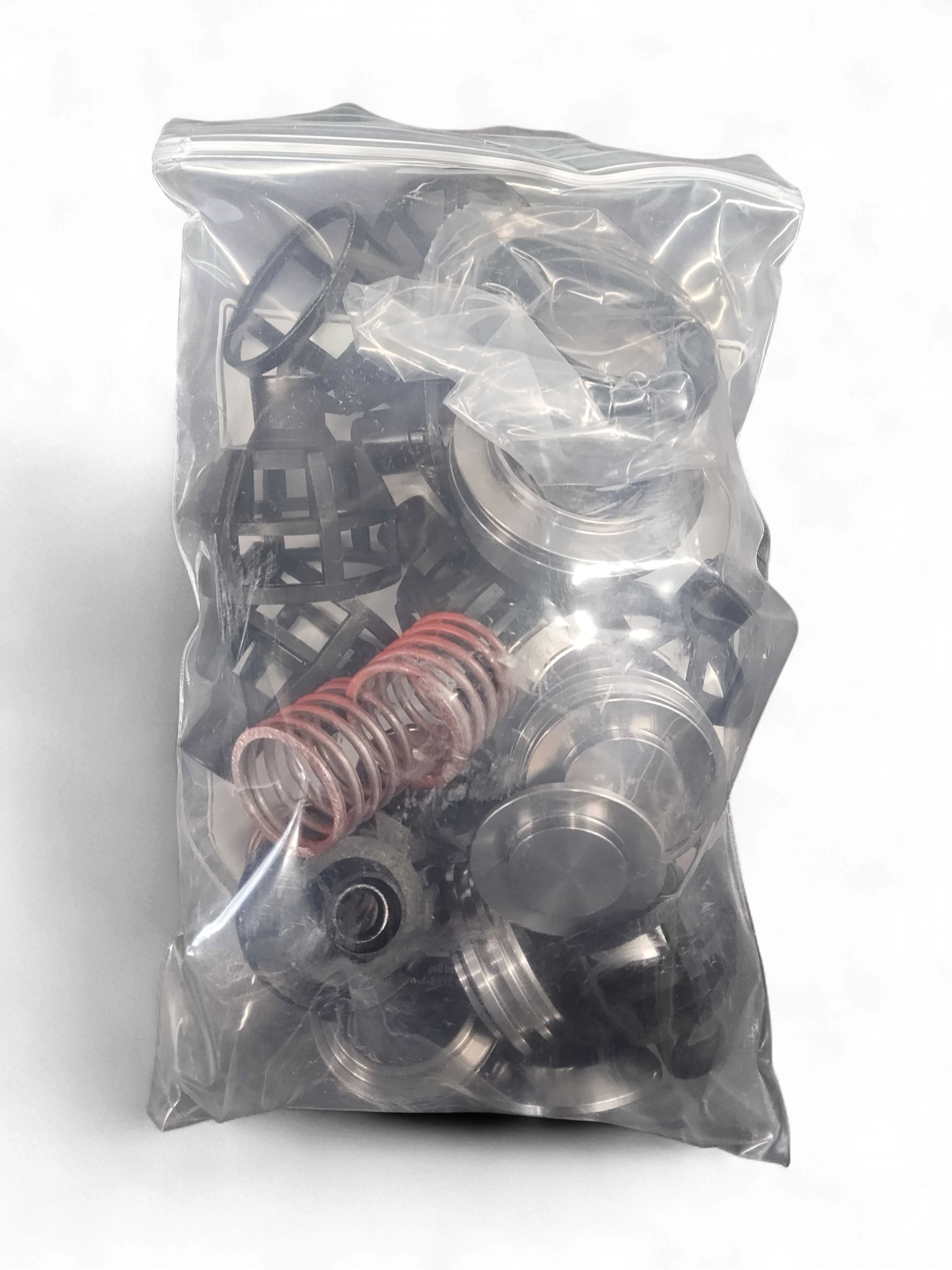 Range Supply GP5142 giant pump rebuild kit components including metal valves, springs, and seals in a plastic bag.