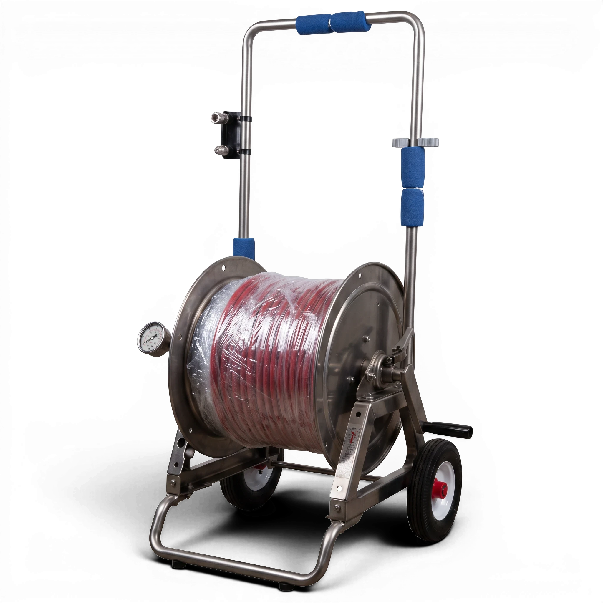 Range Supply lateral line cleaning hose reel cart with stainless steel frame, red high-pressure hose, and pressure gauge.
