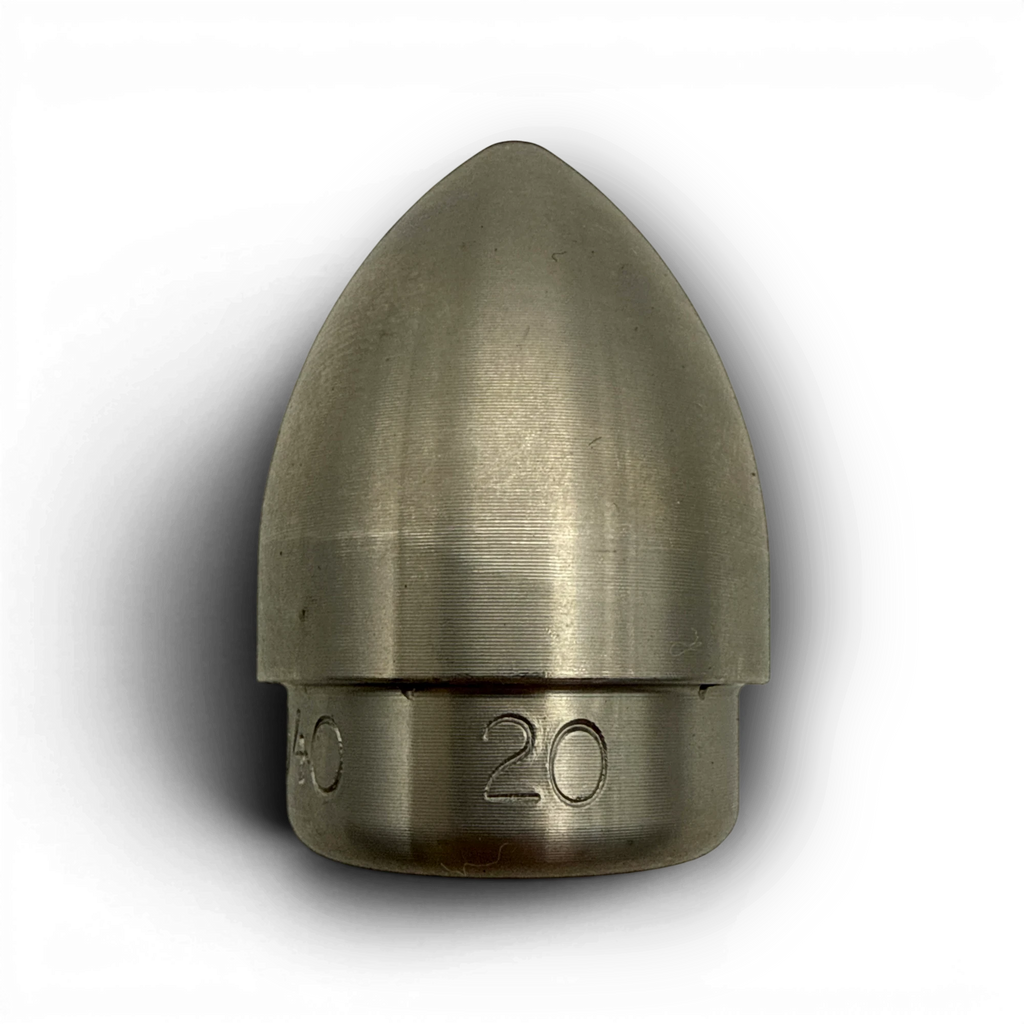 Range Supply metal mole nozzle for lateral line cleaning systems with engraved size markings on a black background.