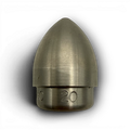 Range Supply metal mole nozzle for lateral line cleaning systems with engraved size markings on a black background.