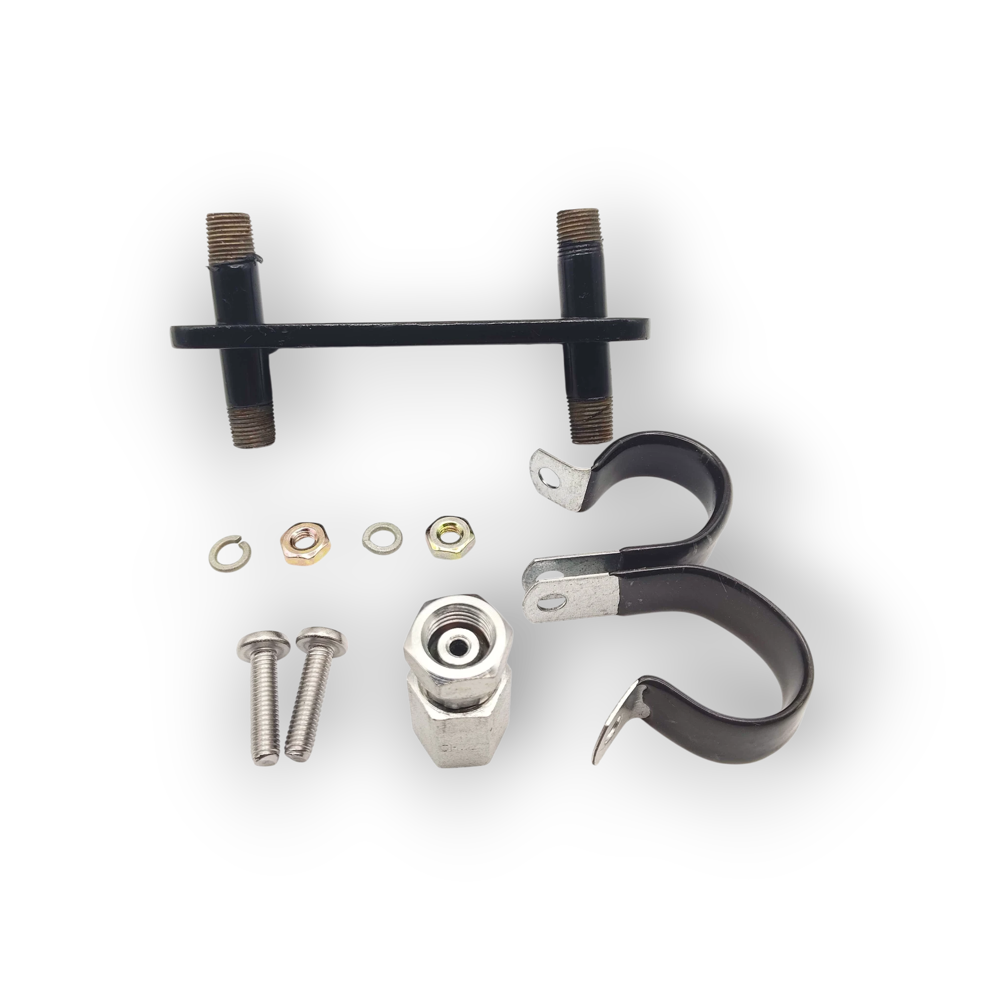 Range Supply Mini Drain Kit replacement hardware including metal brackets, clamps, nuts, bolts, and a swivel fitting.