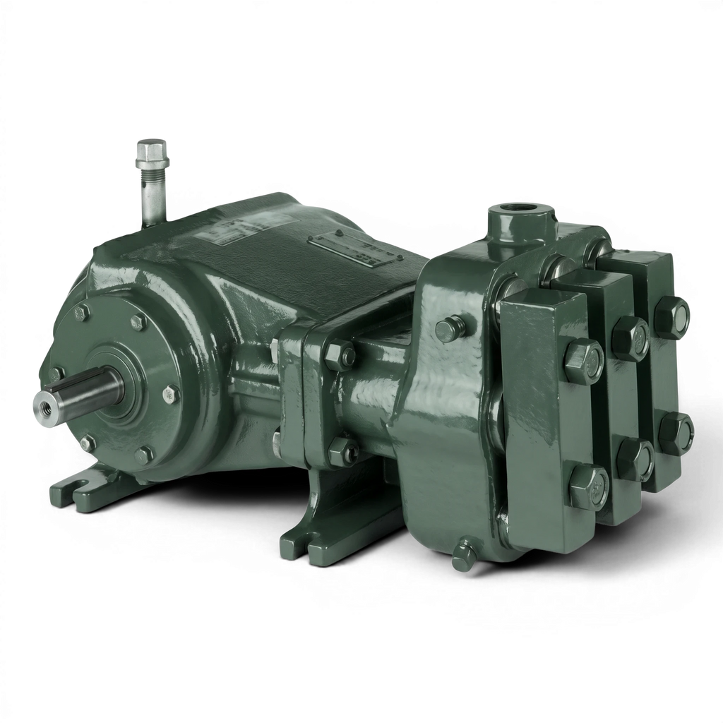 Range Supply Myers C35-20L fluid end assembly pump component in dark green metal finish for high-pressure water systems.