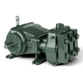 Range Supply Myers C35-20L fluid end assembly pump component in dark green metal finish for high-pressure water systems.