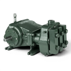Range Supply Myers C35-20L fluid end assembly pump component in dark green metal finish for high-pressure water systems.