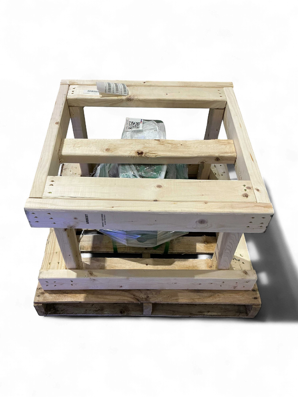 Range Supply Myers D65-20 water pump repair kit components secured in a protective wooden shipping crate on a pallet.