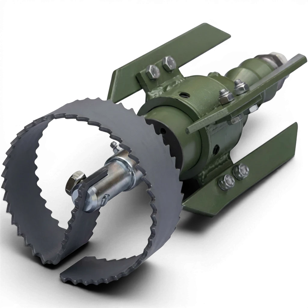 Range Supply Patriot 2 root and grease cutter with adjustable green skids and serrated steel blade for sewer jetting