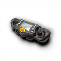Range Supply Trident Wireless Remote Belly Pack Lite transmitter with joysticks, display screen, and red emergency stop.