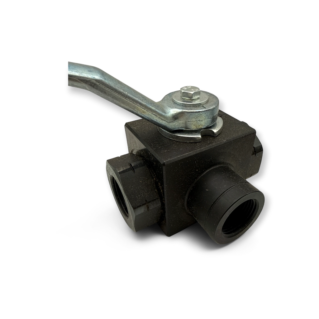 Sewershop 3-way ball valve with a durable black body and steel handle for high-pressure sewer jetting applications