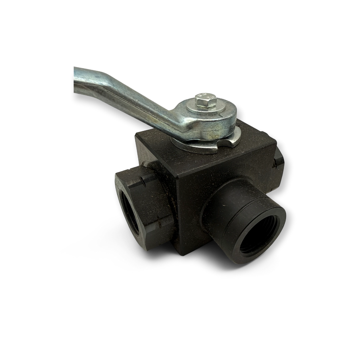 Sewershop 3-way ball valve with a durable black body and steel handle for high-pressure sewer jetting applications