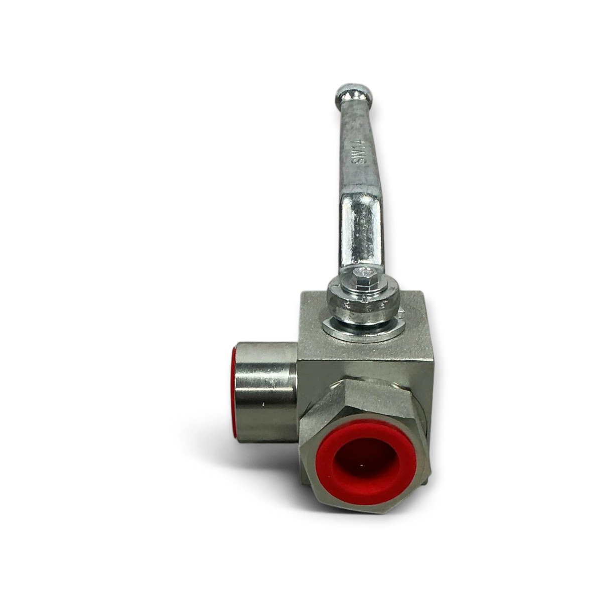 Sewershop 3-way ball valve with steel handle and red protective port caps for high-pressure sewer jetting systems