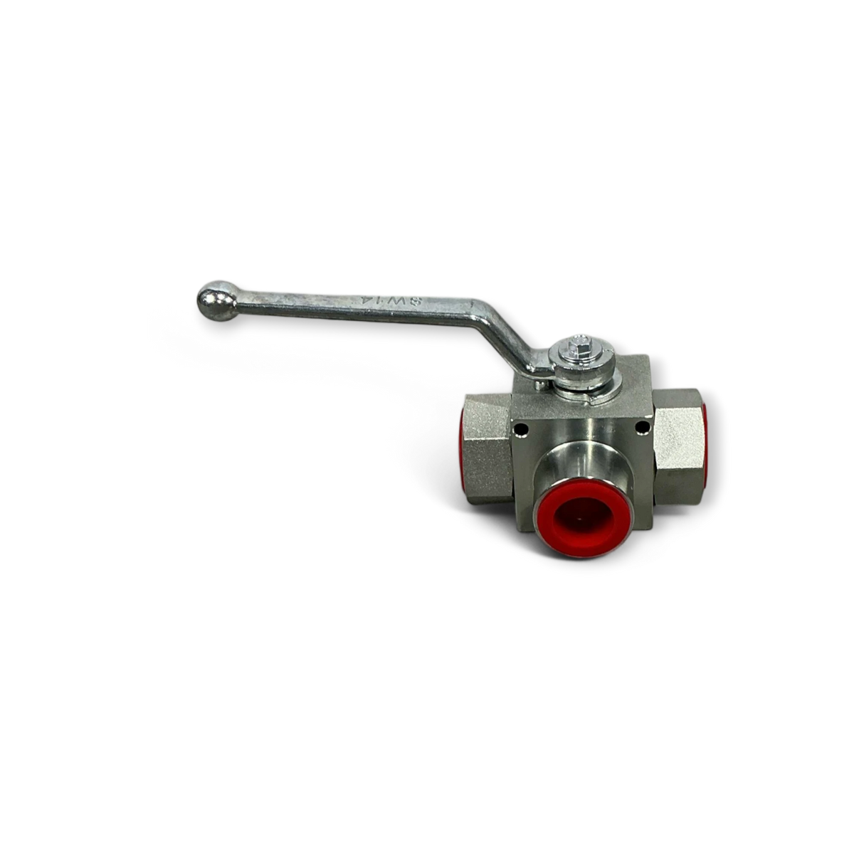 Sewershop 3-way ball valve with steel handle for high-pressure water and oil flow control in sewer jetting systems.