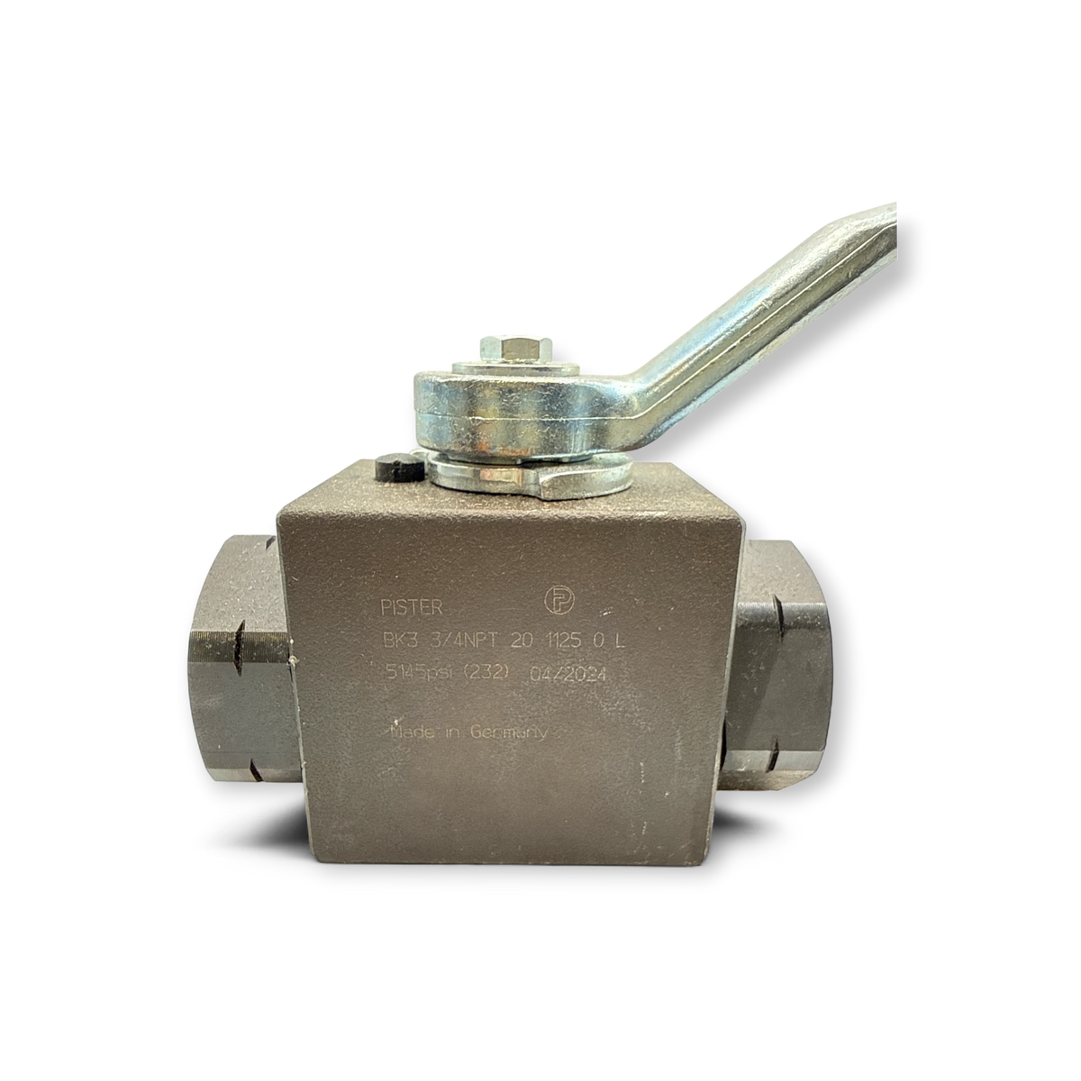 Sewershop 3-way ball valve with a durable steel body and manual handle for high-pressure water and oil flow control.