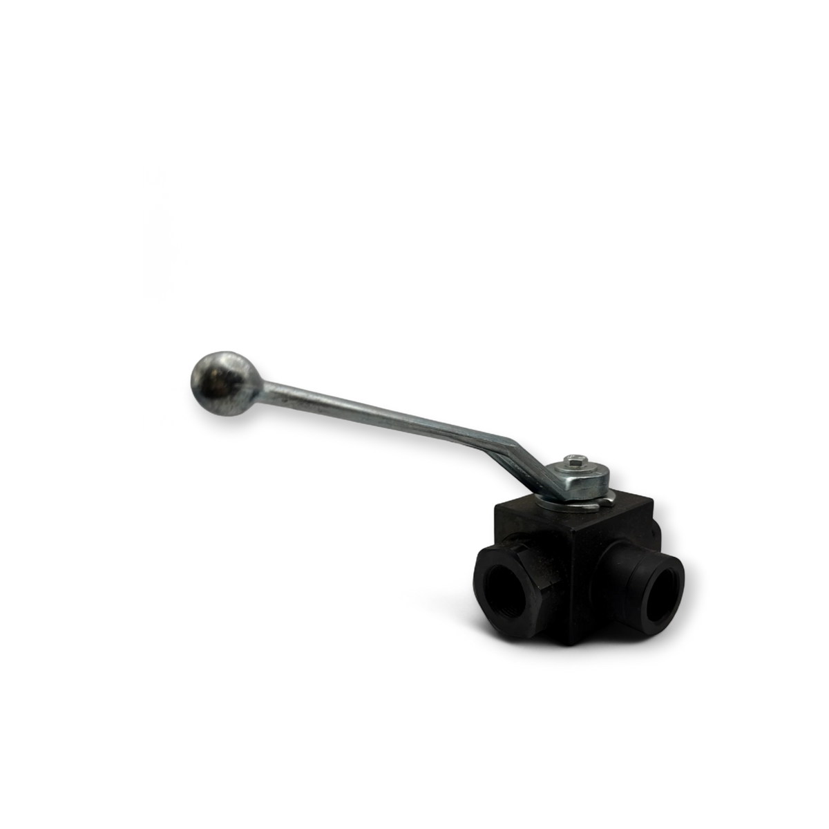 Sewershop 3-way ball valve with a black corrosion-resistant body and a sturdy steel handle for high-pressure systems.