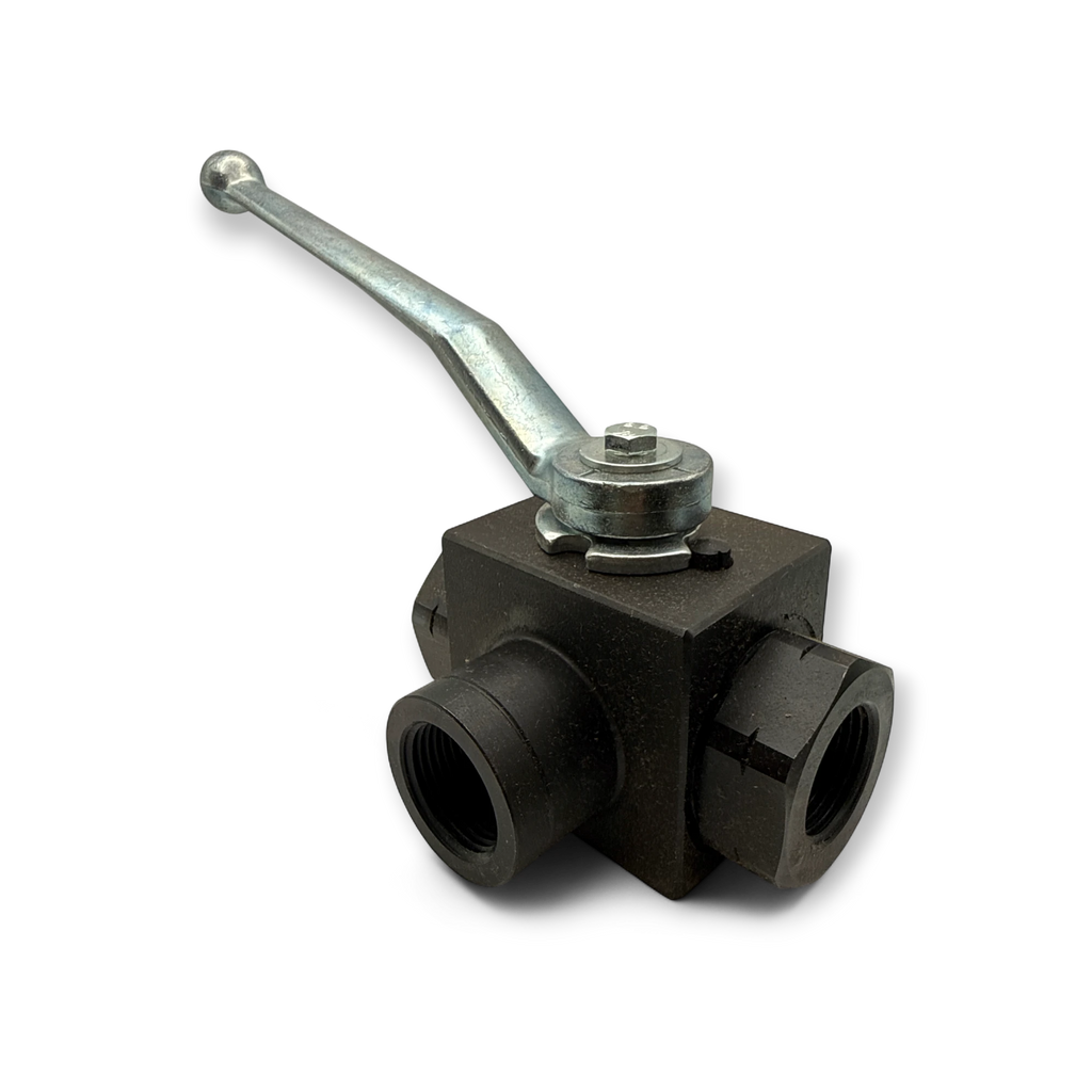 Sewershop 3-way ball valve with a durable black body and silver steel handle for high-pressure flow control systems.
