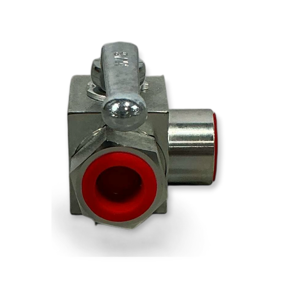 Sewershop 3-way ball valve with a durable steel handle and red protective port caps for high-pressure fluid systems.
