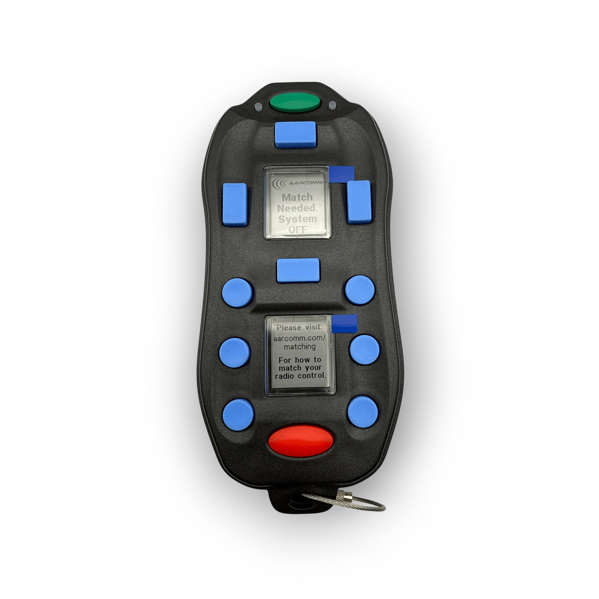 Sewershop Aarcomm Trident wireless remote control with black casing, blue buttons, and two digital display screens.
